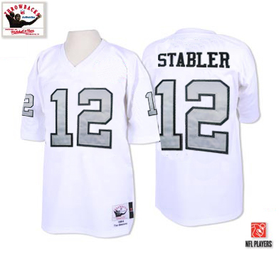 Men's Authentic Kenny Stabler Mitchell and Ness Jersey White/Silver No. - #12 Throwback NFL Oakland Raiders